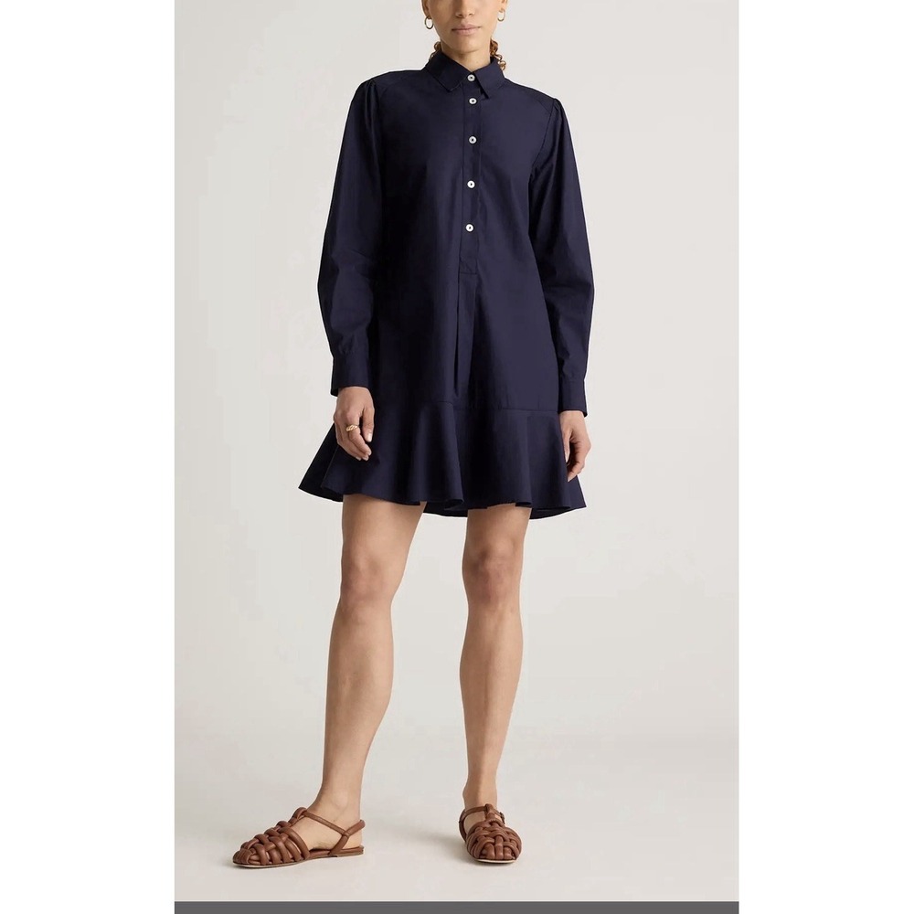 Quince Navy Cotton Drop Waist Shirt Dress Ruffle Mini Flounce Mod Coastal Sz XS